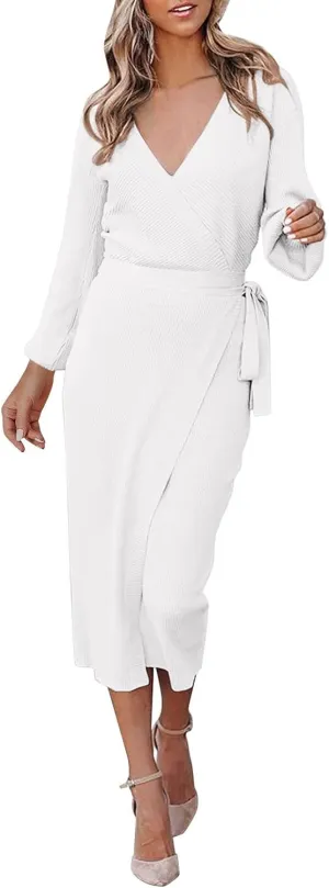 Women Wrap V Neck Long Sleeve Sweater Dress Tie Waist Bodycon Knit Midi Elegant Dress Sundress Women Plus Size