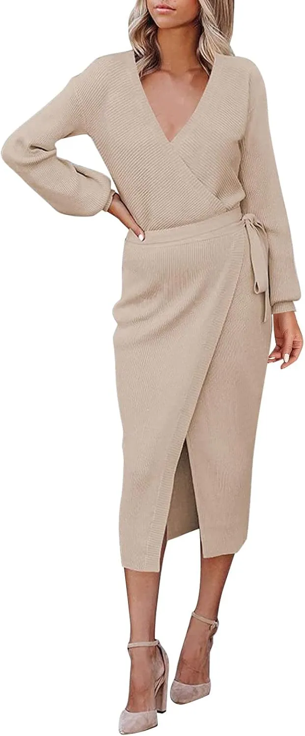 Women Wrap V Neck Long Sleeve Sweater Dress Tie Waist Bodycon Knit Midi Elegant Dress Sundress Women Plus Size