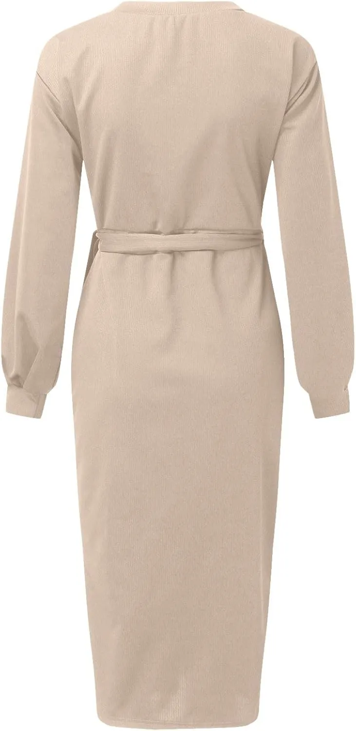 Women Wrap V Neck Long Sleeve Sweater Dress Tie Waist Bodycon Knit Midi Elegant Dress Sundress Women Plus Size