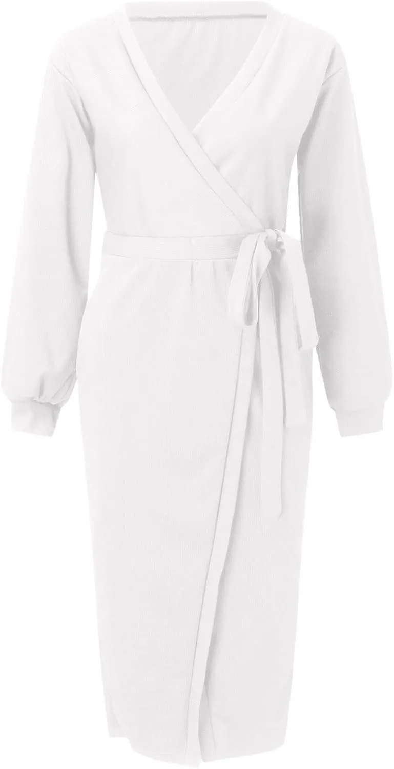 Women Wrap V Neck Long Sleeve Sweater Dress Tie Waist Bodycon Knit Midi Elegant Dress Sundress Women Plus Size