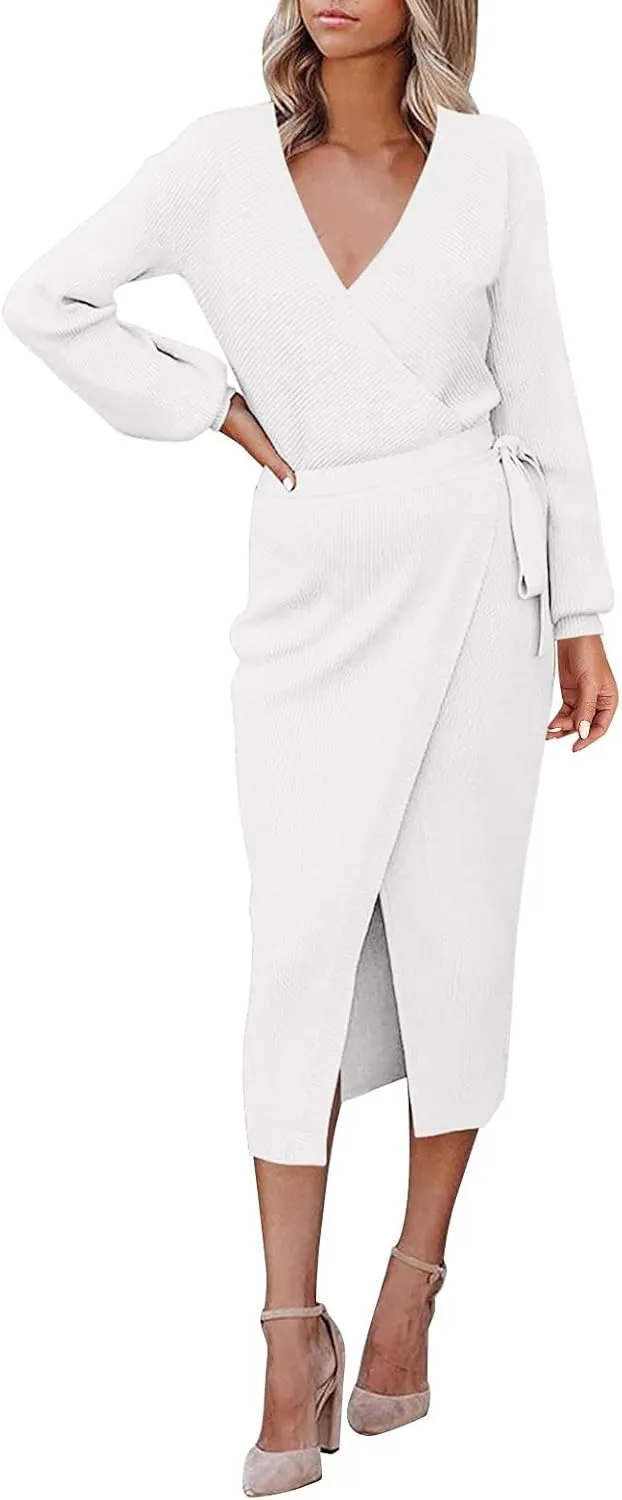 Women Wrap V Neck Long Sleeve Sweater Dress Tie Waist Bodycon Knit Midi Elegant Dress Sundress Women Plus Size