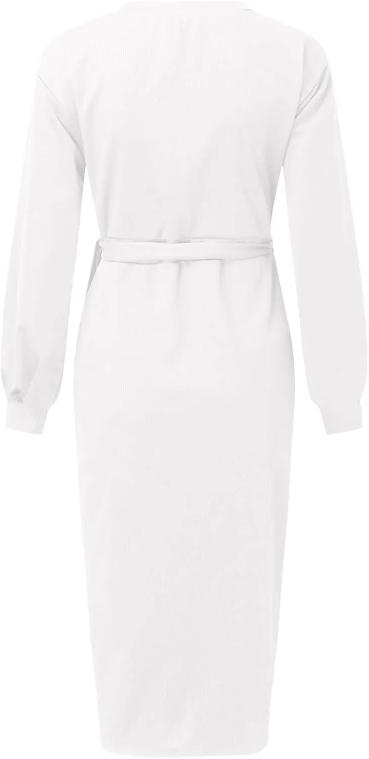 Women Wrap V Neck Long Sleeve Sweater Dress Tie Waist Bodycon Knit Midi Elegant Dress Sundress Women Plus Size