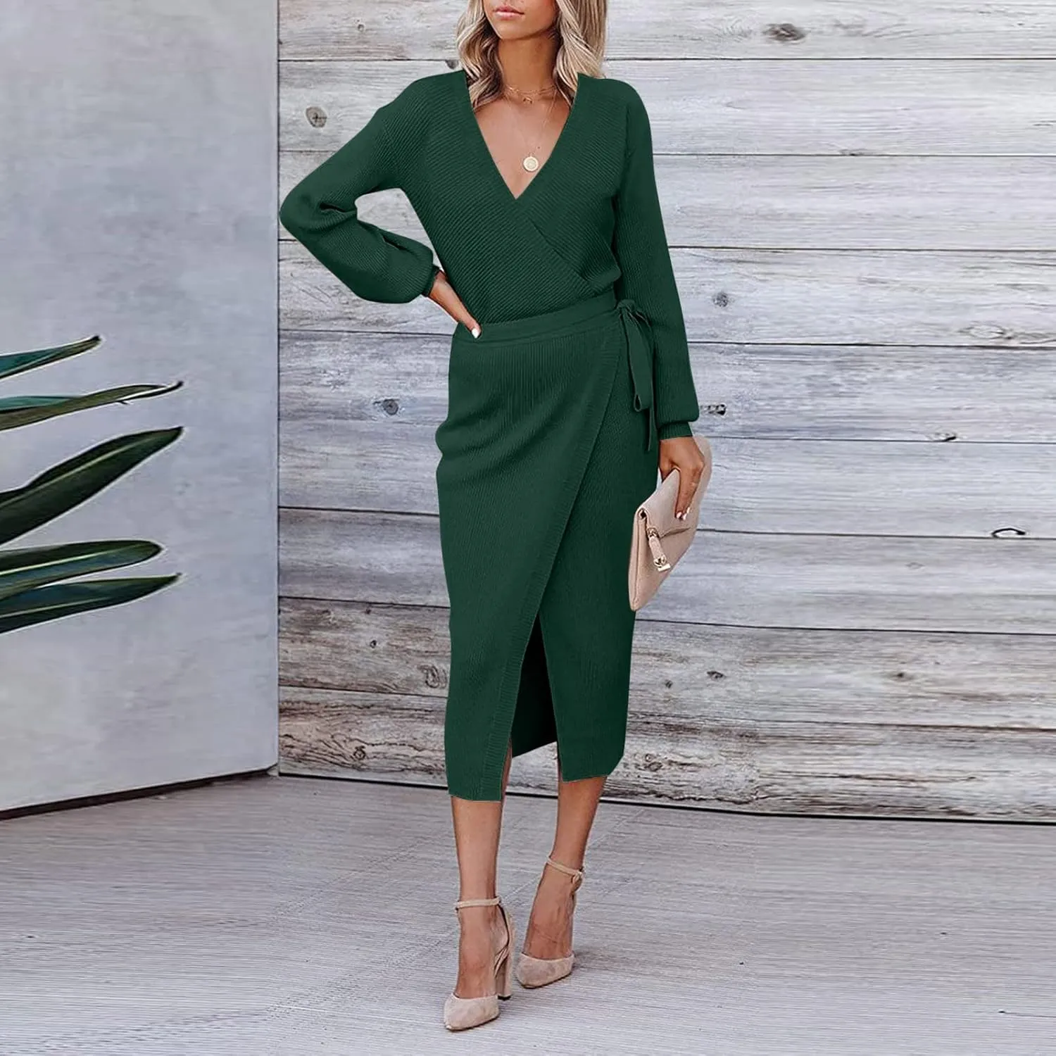Women Wrap V Neck Long Sleeve Sweater Dress Tie Waist Bodycon Knit Midi Elegant Dress Sundress Women Plus Size