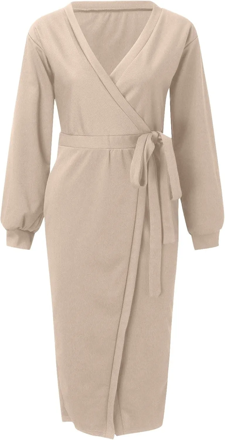 Women Wrap V Neck Long Sleeve Sweater Dress Tie Waist Bodycon Knit Midi Elegant Dress Sundress Women Plus Size