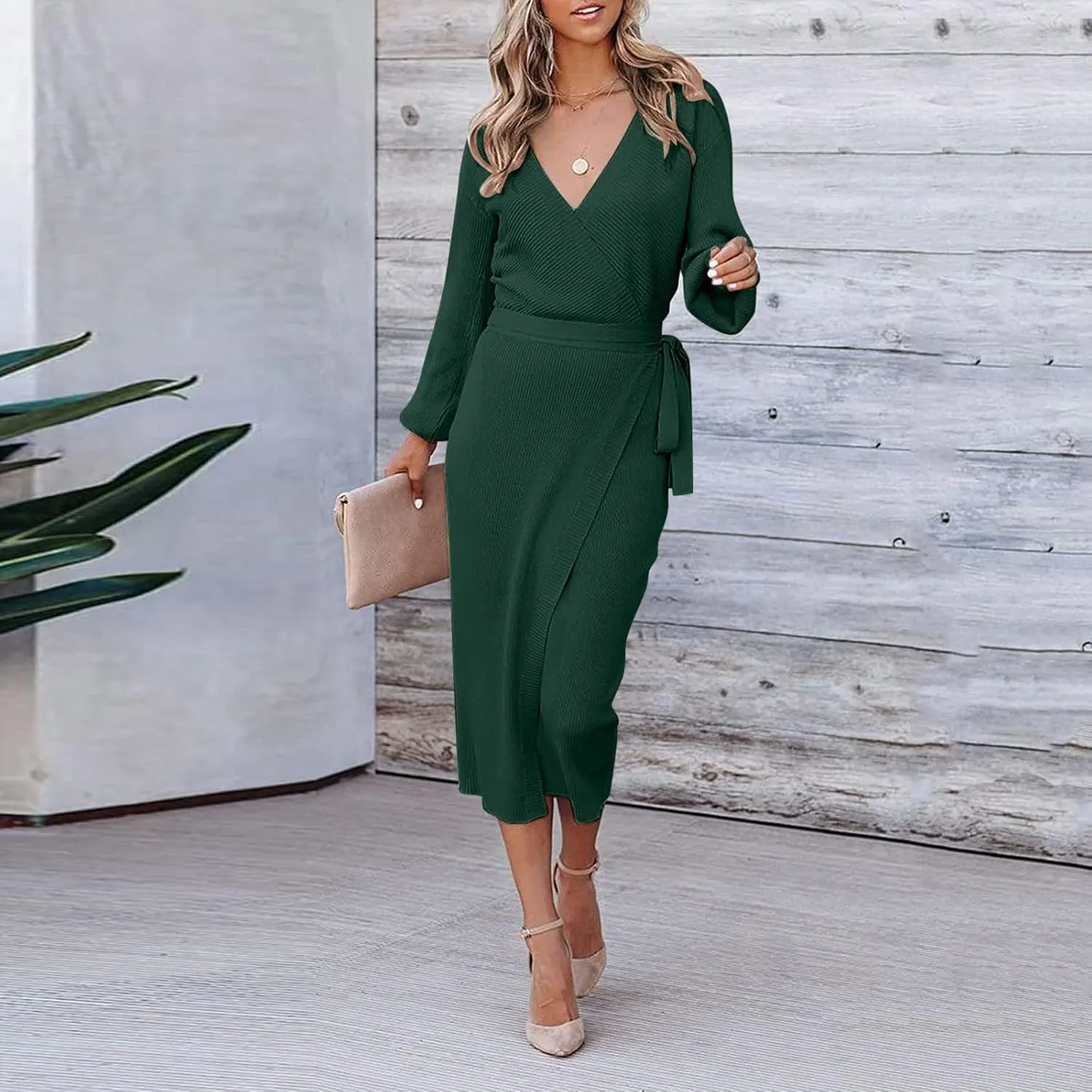 Women Wrap V Neck Long Sleeve Sweater Dress Tie Waist Bodycon Knit Midi Elegant Dress Sundress Women Plus Size