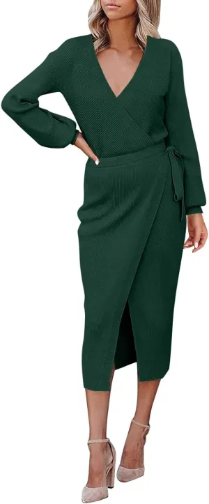 Women Wrap V Neck Long Sleeve Sweater Dress Tie Waist Bodycon Knit Midi Elegant Dress Sundress Women Plus Size
