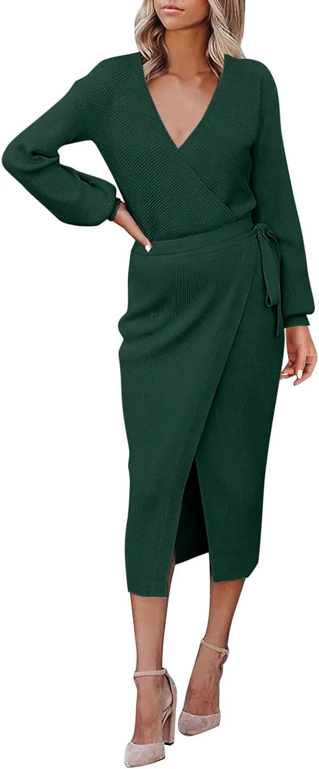 Women Wrap V Neck Long Sleeve Sweater Dress Tie Waist Bodycon Knit Midi Elegant Dress Sundress Women Plus Size