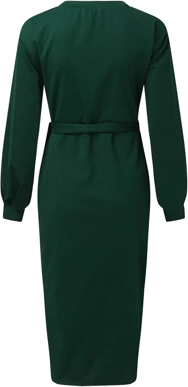 Women Wrap V Neck Long Sleeve Sweater Dress Tie Waist Bodycon Knit Midi Elegant Dress Sundress Women Plus Size