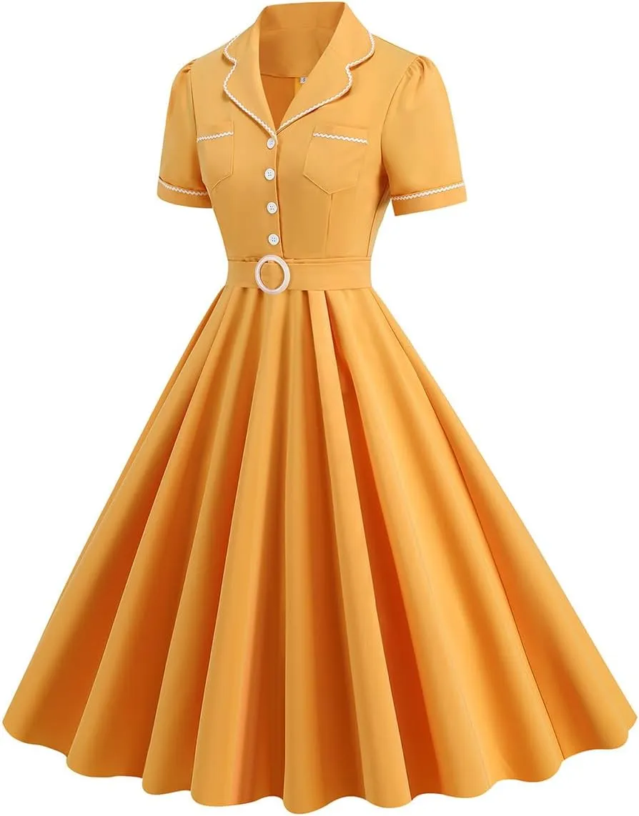 Women's 1950s Retro Dress Short Sleeve Swing Midi Dress Cocktail Dress 50s Style Dresses for Women Vintage