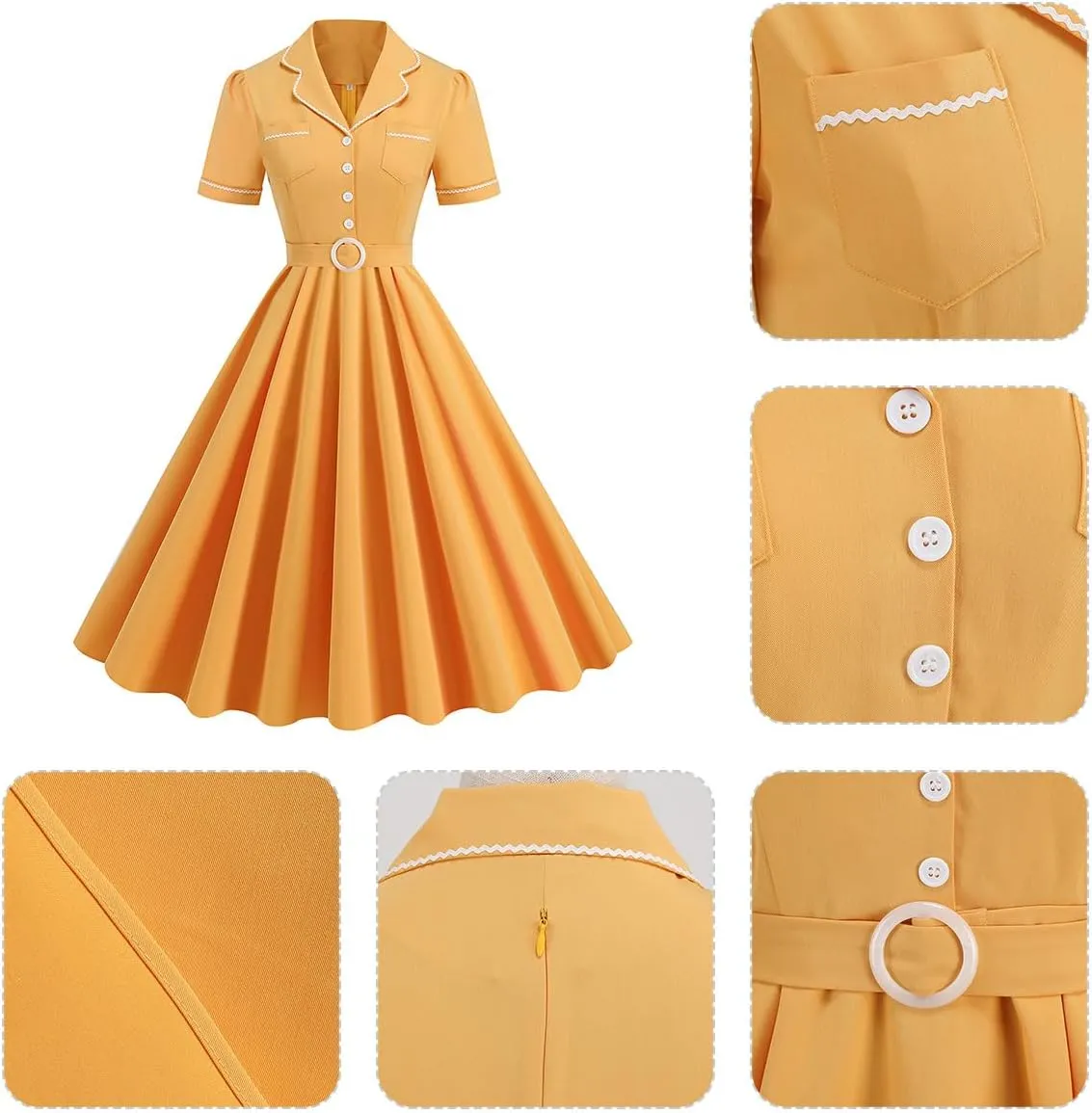 Women's 1950s Retro Dress Short Sleeve Swing Midi Dress Cocktail Dress 50s Style Dresses for Women Vintage