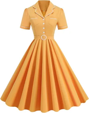 Women's 1950s Retro Dress Short Sleeve Swing Midi Dress Cocktail Dress 50s Style Dresses for Women Vintage