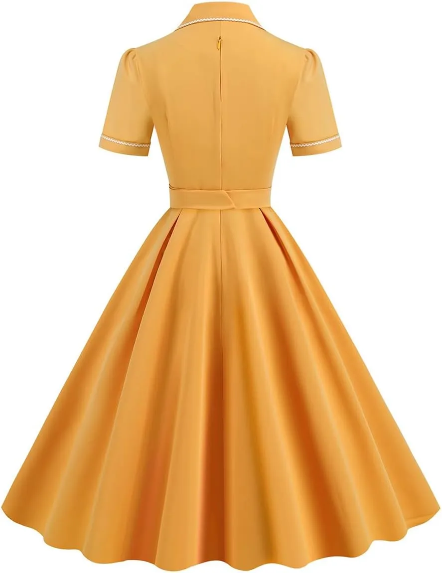 Women's 1950s Retro Dress Short Sleeve Swing Midi Dress Cocktail Dress 50s Style Dresses for Women Vintage