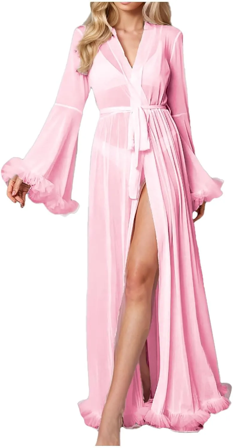 Women's Bathrobe Nightgown Sheer Floral Lace Robes Belted Ruffle Hem Full Length Lightweight Loungewear Nightwear