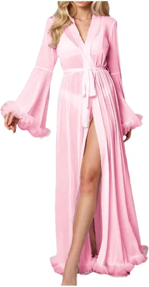Women's Bathrobe Nightgown Sheer Floral Lace Robes Belted Ruffle Hem Full Length Lightweight Loungewear Nightwear