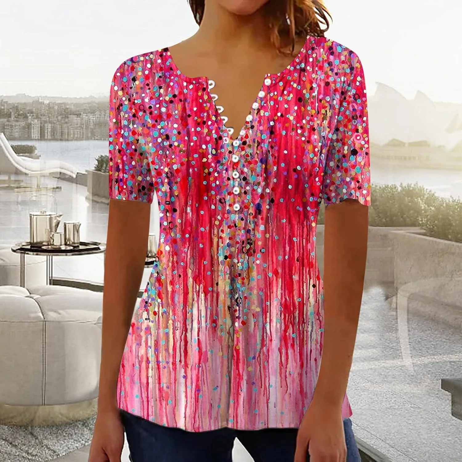 Womens Blouses Short Sleeve Tops Crew Neck Pleated Shirts Tunic Casual Flowy Trendy Pleated Tunic Tops Floral Blue XXL