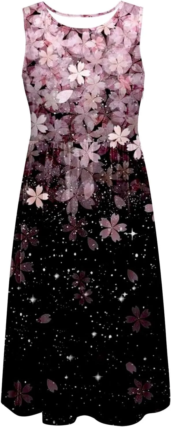 Womens Boho Dresses Women's Summer Tank Midi Dress with Pockets Sleeveless A Line Dress Casual Floral T Shirt