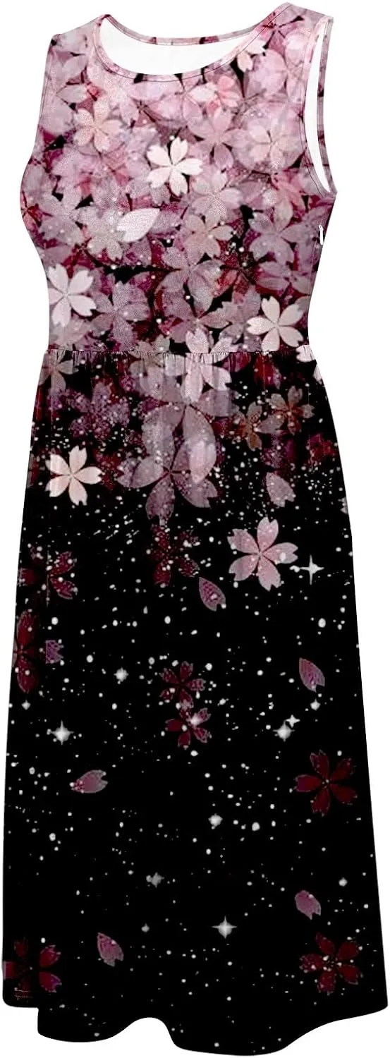 Womens Boho Dresses Women's Summer Tank Midi Dress with Pockets Sleeveless A Line Dress Casual Floral T Shirt