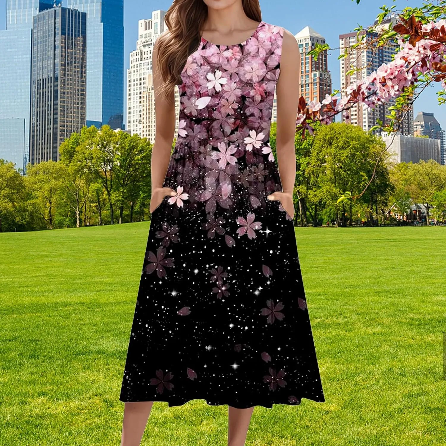 Womens Boho Dresses Women's Summer Tank Midi Dress with Pockets Sleeveless A Line Dress Casual Floral T Shirt
