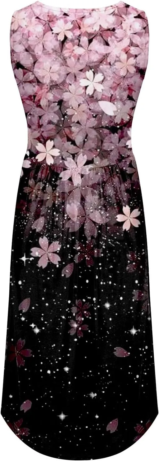 Womens Boho Dresses Women's Summer Tank Midi Dress with Pockets Sleeveless A Line Dress Casual Floral T Shirt