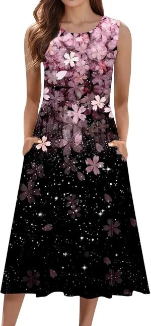 Womens Boho Dresses Women's Summer Tank Midi Dress with Pockets Sleeveless A Line Dress Casual Floral T Shirt