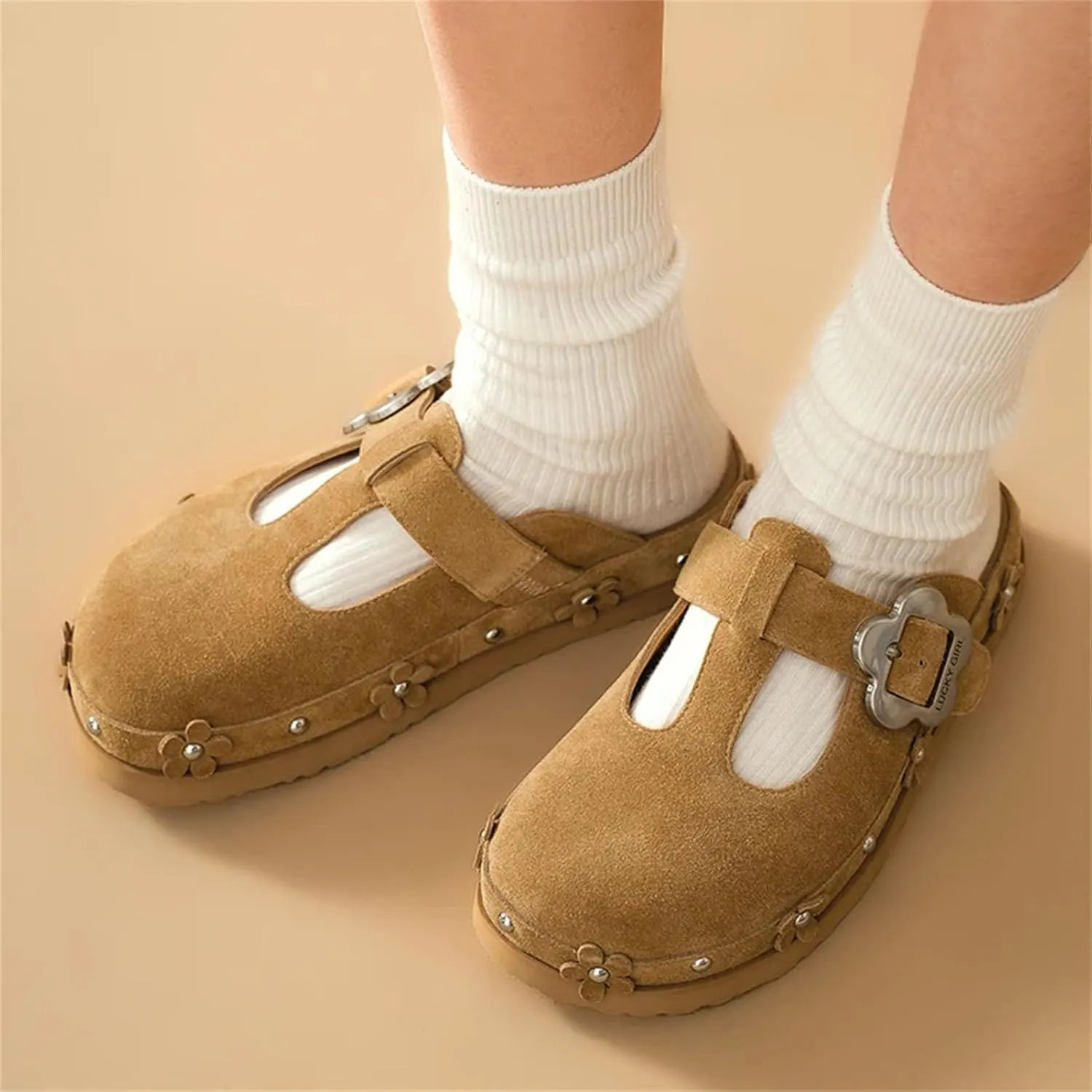 Women's Buckle Strap Silver Flower Decoration Platform Mules - Casual Summer Slippers