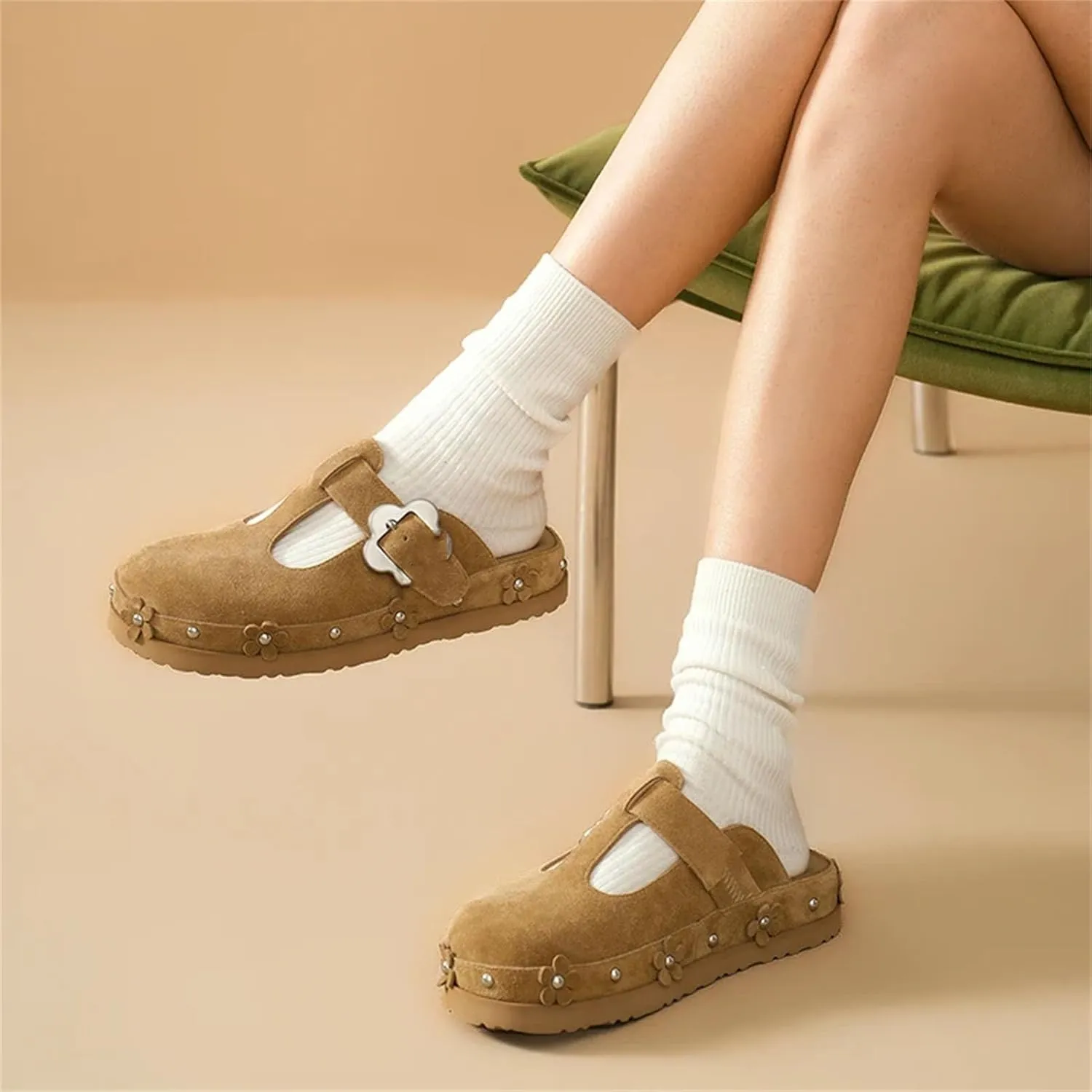 Women's Buckle Strap Silver Flower Decoration Platform Mules - Casual Summer Slippers
