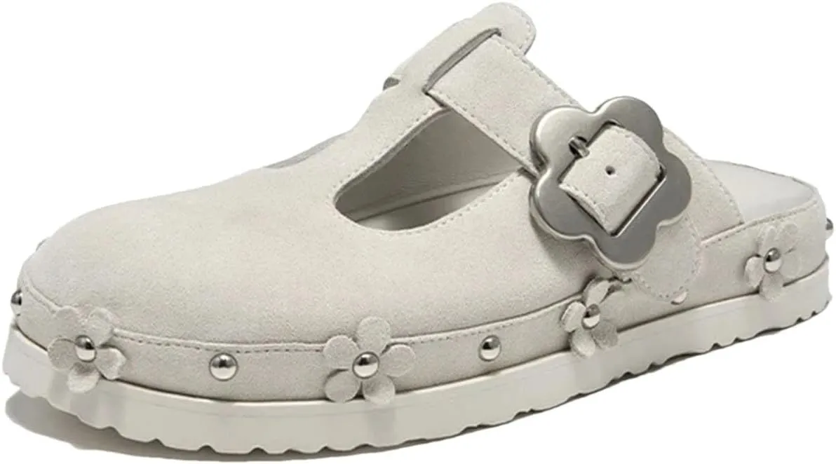 Women's Buckle Strap Silver Flower Decoration Platform Mules - Casual Summer Slippers