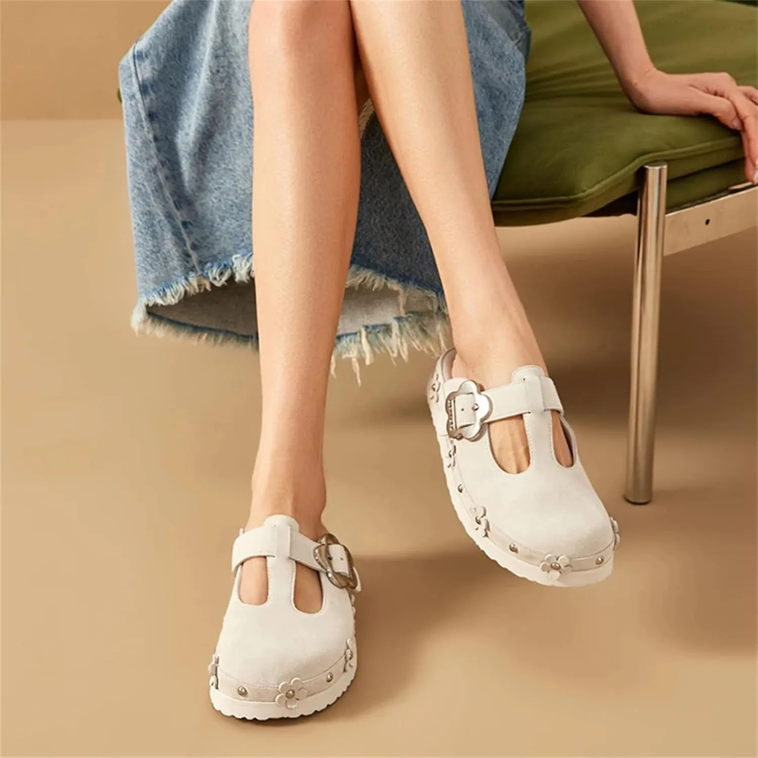 Women's Buckle Strap Silver Flower Decoration Platform Mules - Casual Summer Slippers