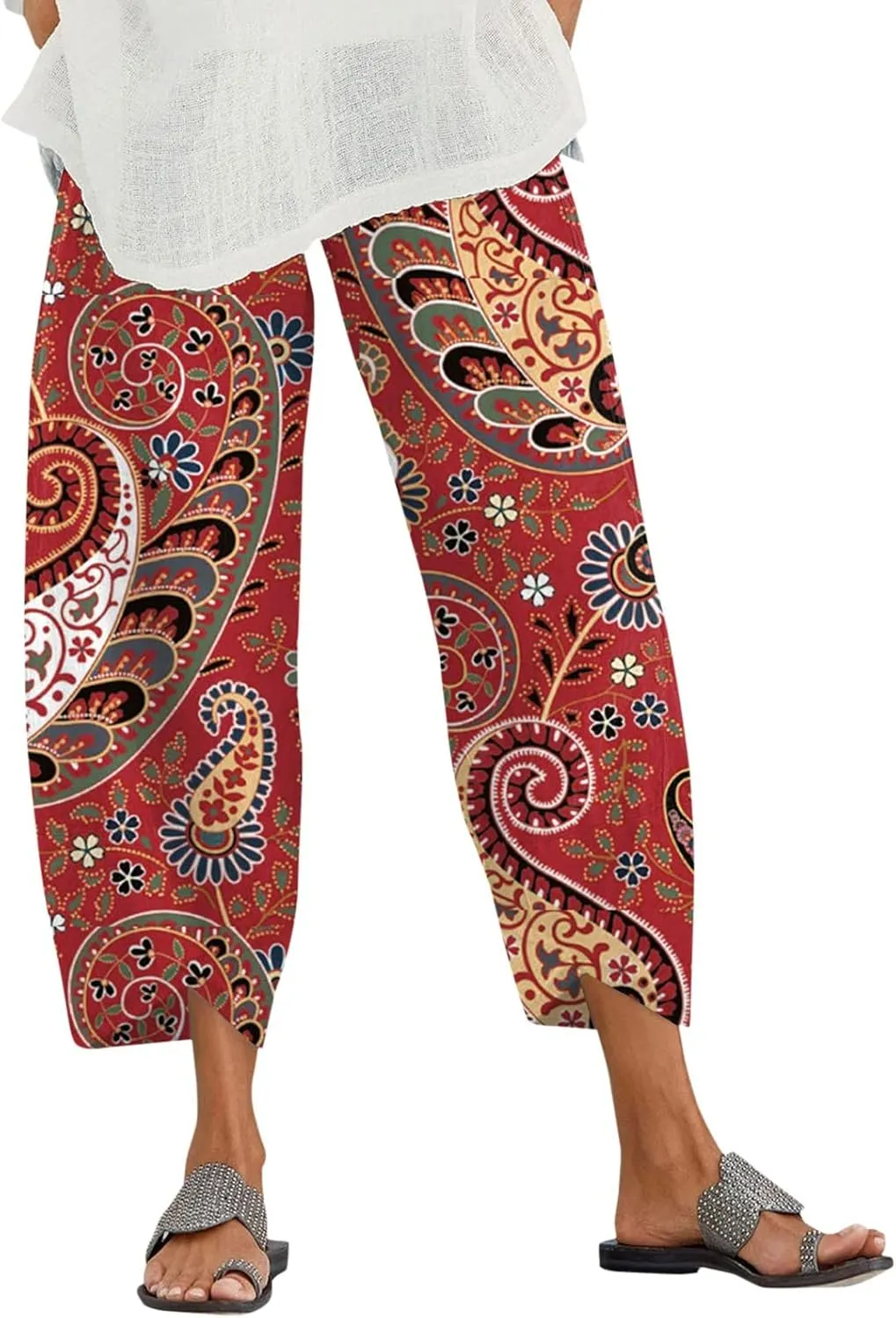 Womens Capri Pants for Summer Cotton Linen Lightweight Palazzo Pants Summer High Waist Straight Leg Baggy Sweatpants Trousers Paisley Printed Women's Capris and Cropped Pants Red,M