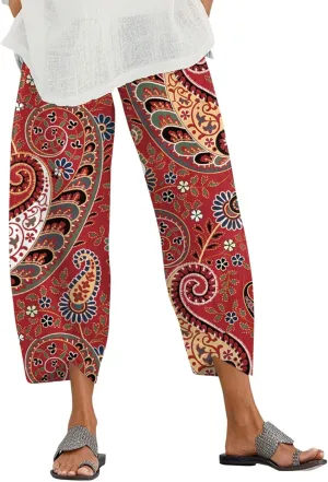 Womens Capri Pants for Summer Cotton Linen Lightweight Palazzo Pants Summer High Waist Straight Leg Baggy Sweatpants Trousers Paisley Printed Women's Capris and Cropped Pants Red,M