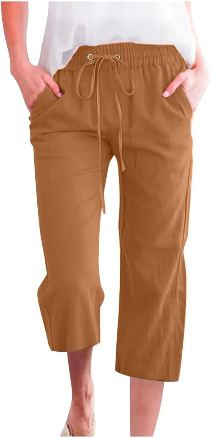 Womens Capris Linen Pants High Waist Drawstring Comfy Casual Pants Lounge Lightweight Loose Trousers with Pockets