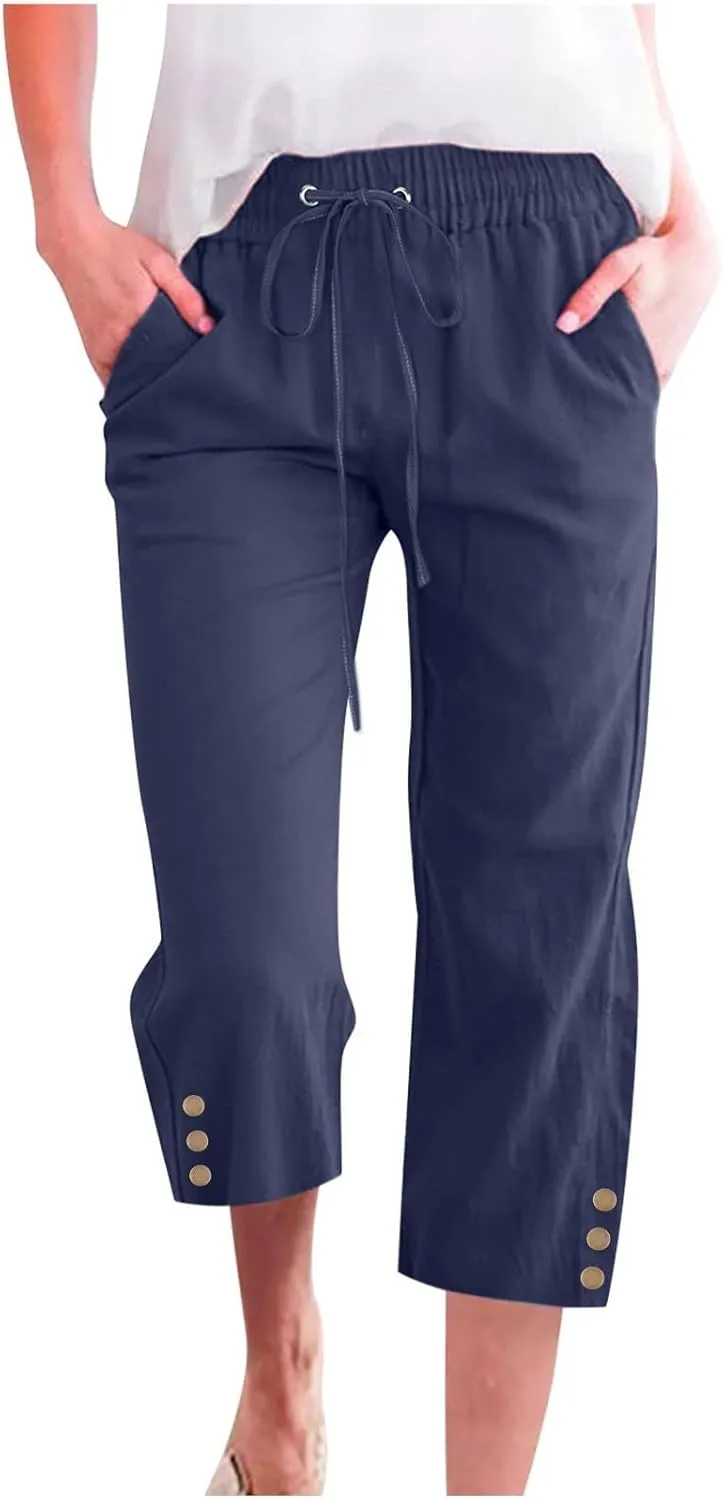 Womens Capris Linen Pants High Waist Drawstring Comfy Casual Pants Lounge Lightweight Loose Trousers with Pockets