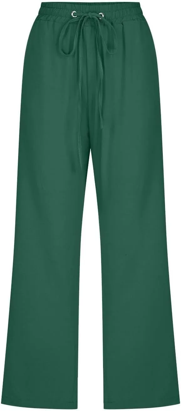 Womens Capris Linen Pants High Waist Drawstring Comfy Casual Pants Lounge Lightweight Loose Trousers with Pockets