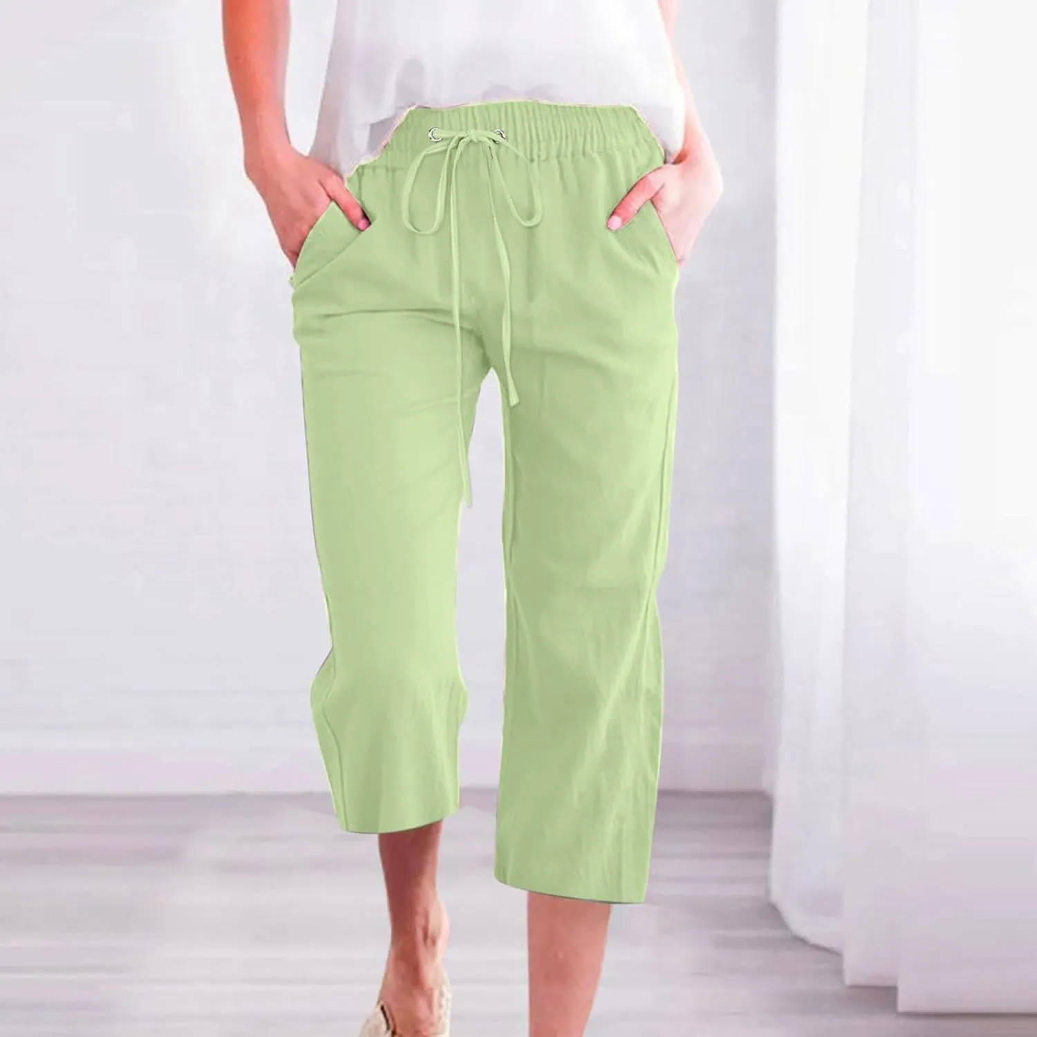 Womens Capris Linen Pants High Waist Drawstring Comfy Casual Pants Lounge Lightweight Loose Trousers with Pockets