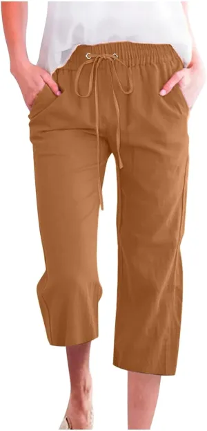 Womens Capris Linen Pants High Waist Drawstring Comfy Casual Pants Lounge Lightweight Loose Trousers with Pockets