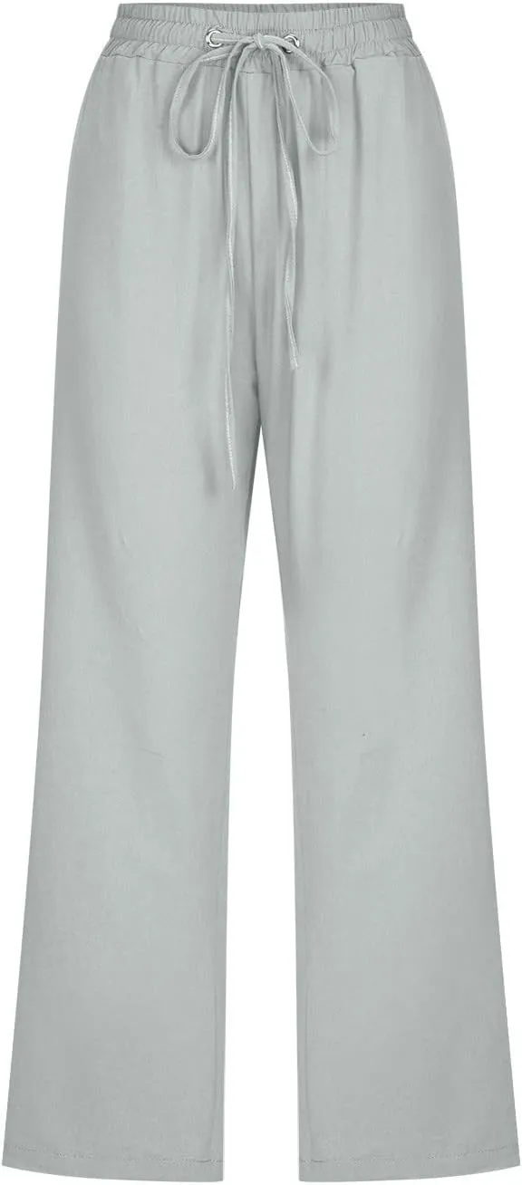 Womens Capris Linen Pants High Waist Drawstring Comfy Casual Pants Lounge Lightweight Loose Trousers with Pockets
