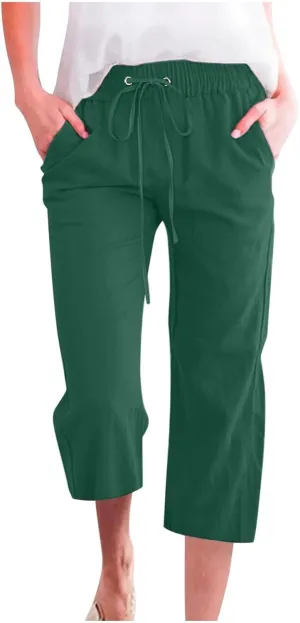 Womens Capris Linen Pants High Waist Drawstring Comfy Casual Pants Lounge Lightweight Loose Trousers with Pockets