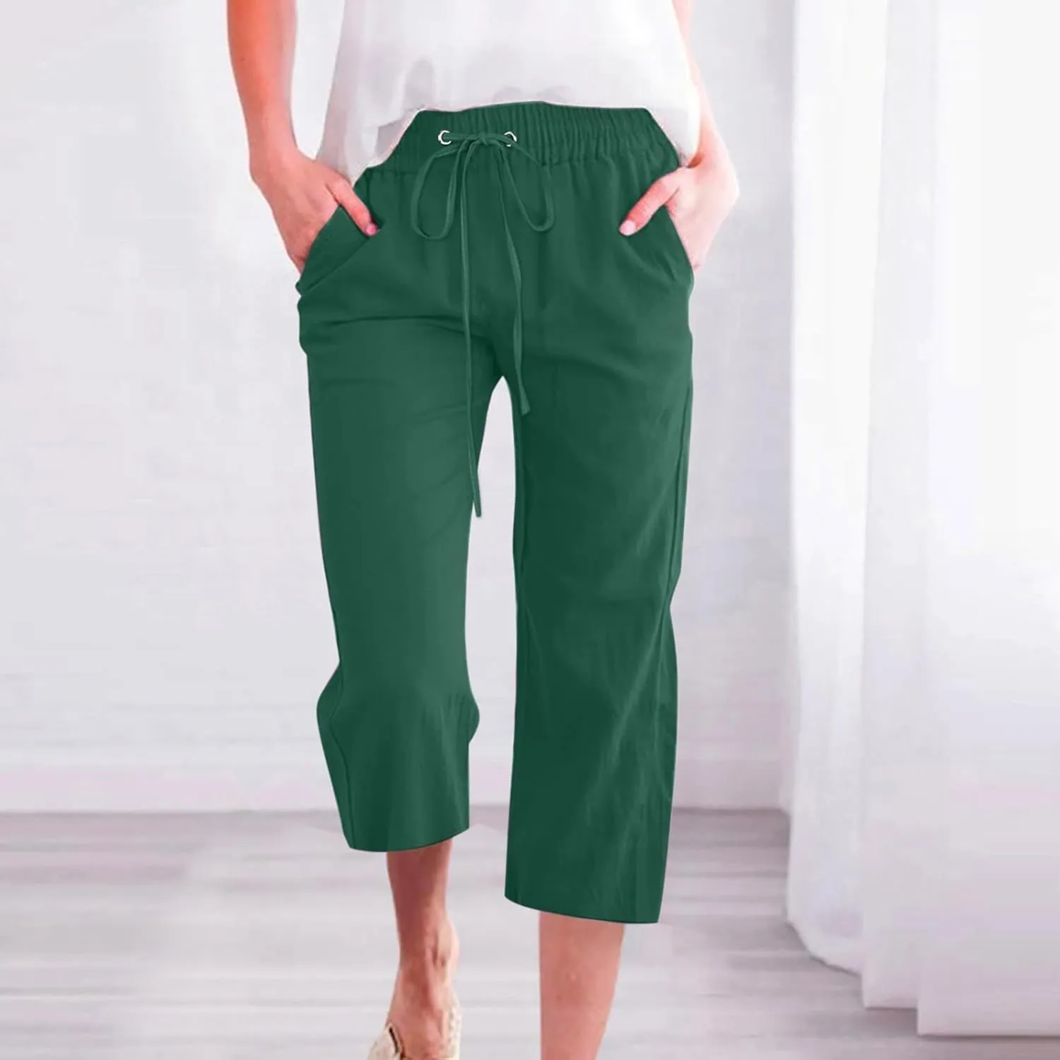 Womens Capris Linen Pants High Waist Drawstring Comfy Casual Pants Lounge Lightweight Loose Trousers with Pockets