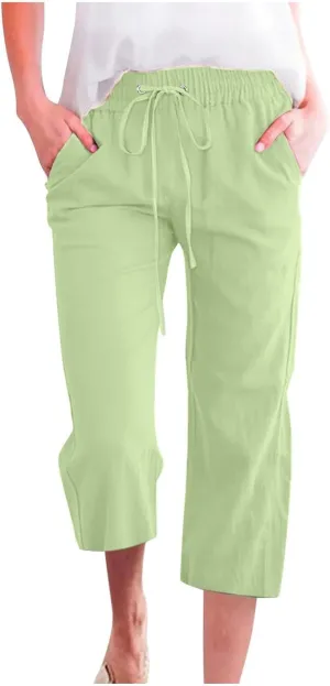Womens Capris Linen Pants High Waist Drawstring Comfy Casual Pants Lounge Lightweight Loose Trousers with Pockets