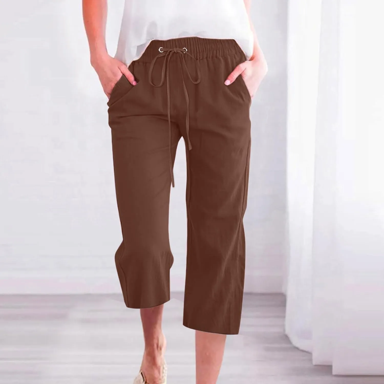 Womens Capris Linen Pants High Waist Drawstring Comfy Casual Pants Lounge Lightweight Loose Trousers with Pockets
