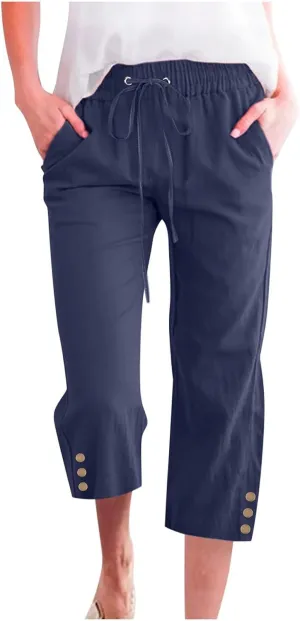 Womens Capris Linen Pants High Waist Drawstring Comfy Casual Pants Lounge Lightweight Loose Trousers with Pockets