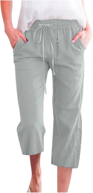 Womens Capris Linen Pants High Waist Drawstring Comfy Casual Pants Lounge Lightweight Loose Trousers with Pockets