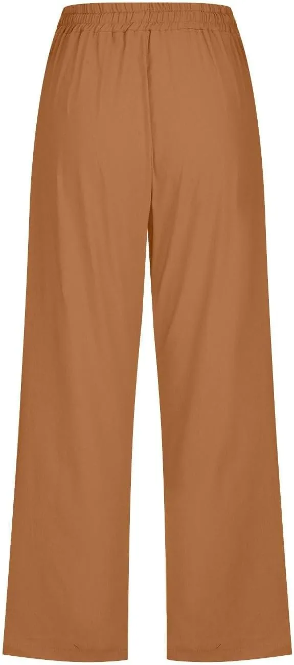 Womens Capris Linen Pants High Waist Drawstring Comfy Casual Pants Lounge Lightweight Loose Trousers with Pockets