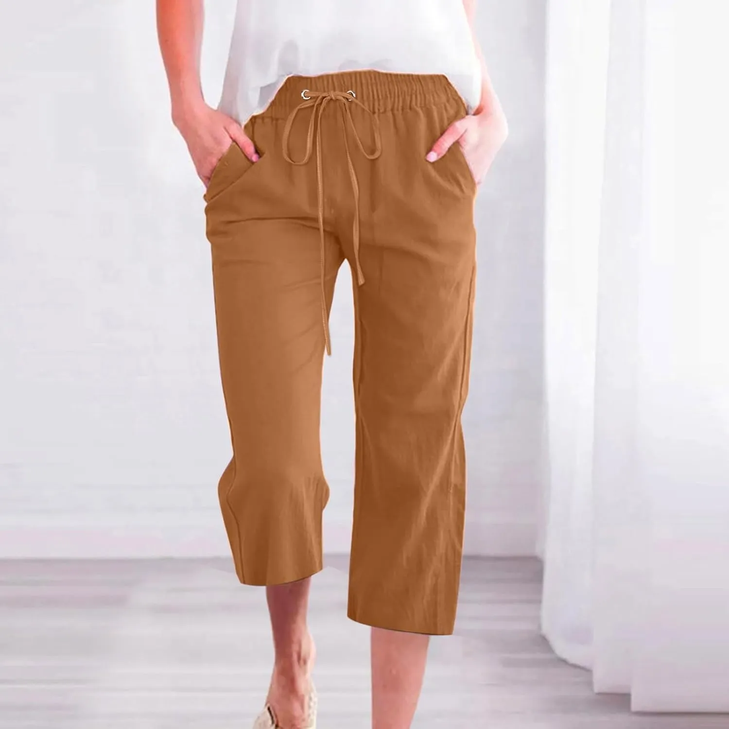Womens Capris Linen Pants High Waist Drawstring Comfy Casual Pants Lounge Lightweight Loose Trousers with Pockets