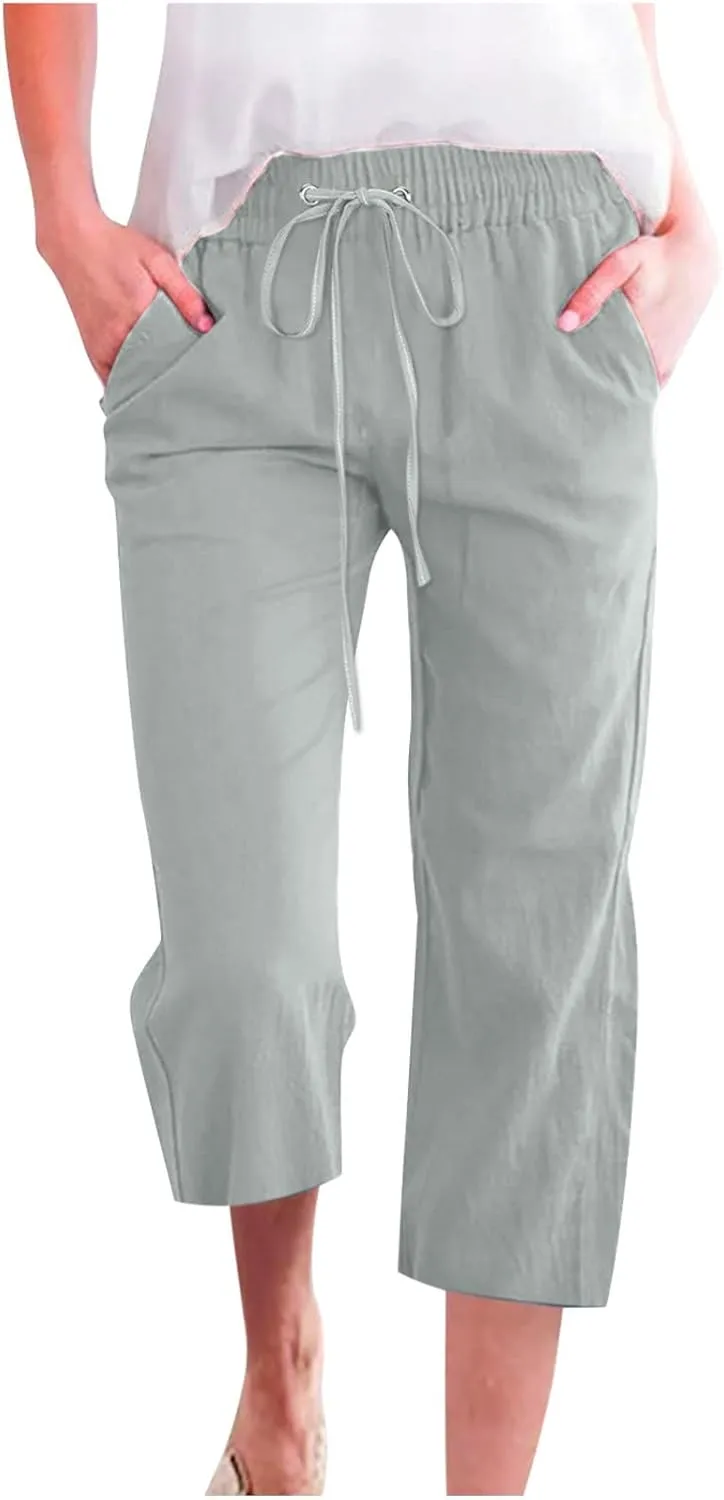 Womens Capris Linen Pants High Waist Drawstring Comfy Casual Pants Lounge Lightweight Loose Trousers with Pockets