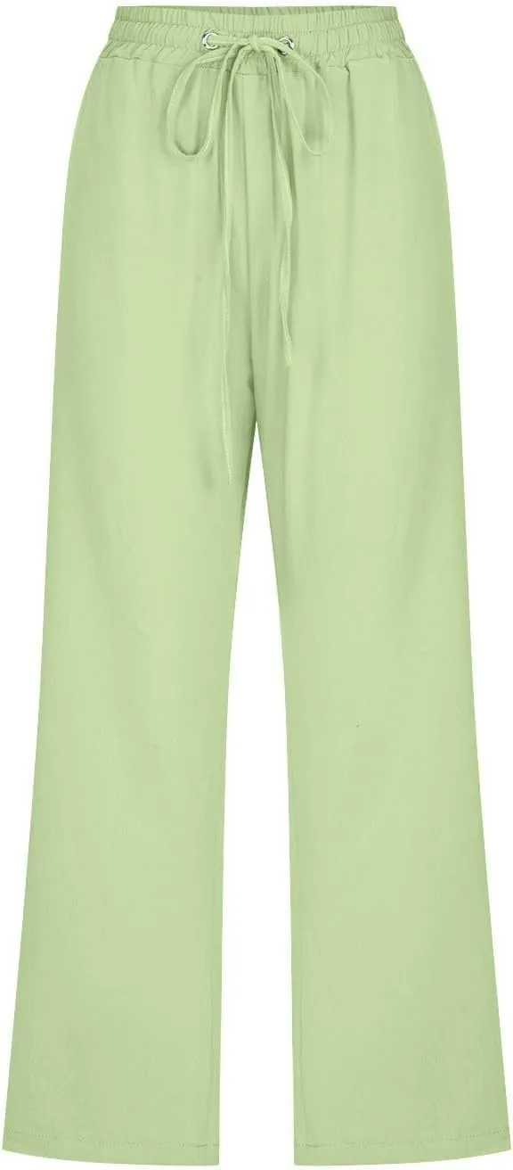 Womens Capris Linen Pants High Waist Drawstring Comfy Casual Pants Lounge Lightweight Loose Trousers with Pockets