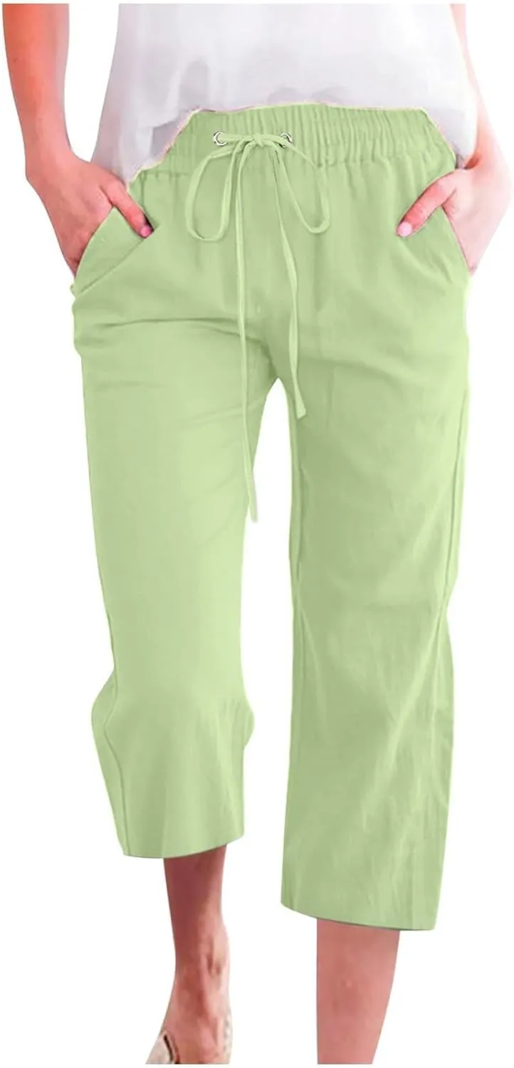 Womens Capris Linen Pants High Waist Drawstring Comfy Casual Pants Lounge Lightweight Loose Trousers with Pockets