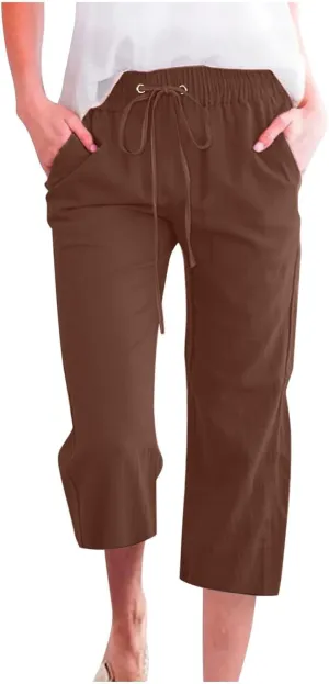 Womens Capris Linen Pants High Waist Drawstring Comfy Casual Pants Lounge Lightweight Loose Trousers with Pockets