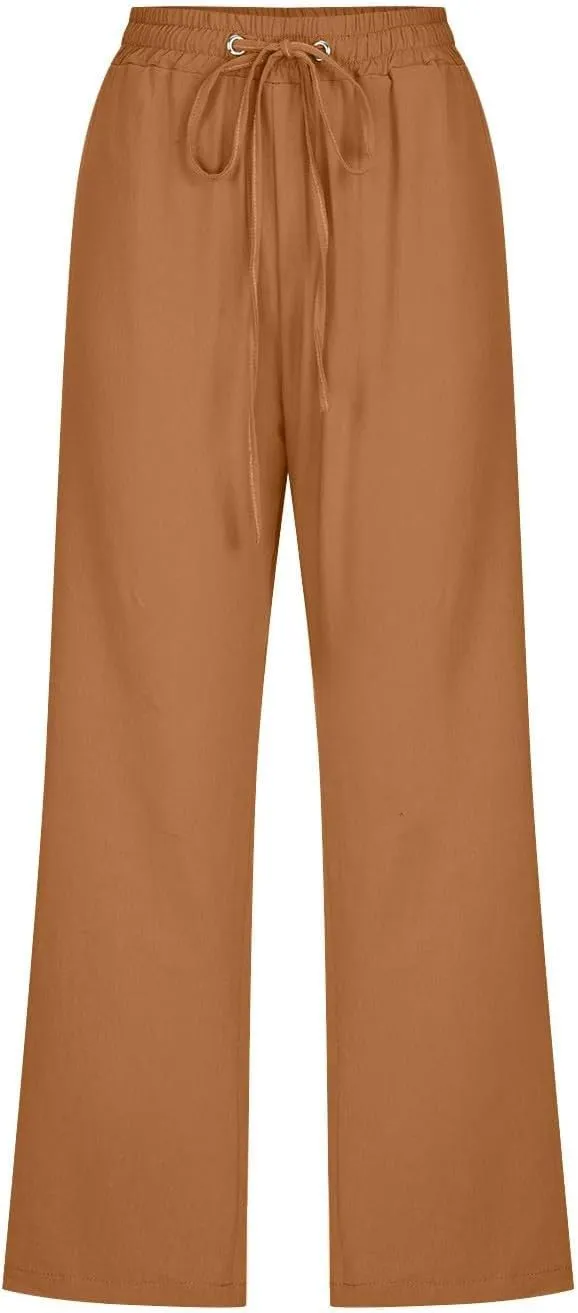 Womens Capris Linen Pants High Waist Drawstring Comfy Casual Pants Lounge Lightweight Loose Trousers with Pockets