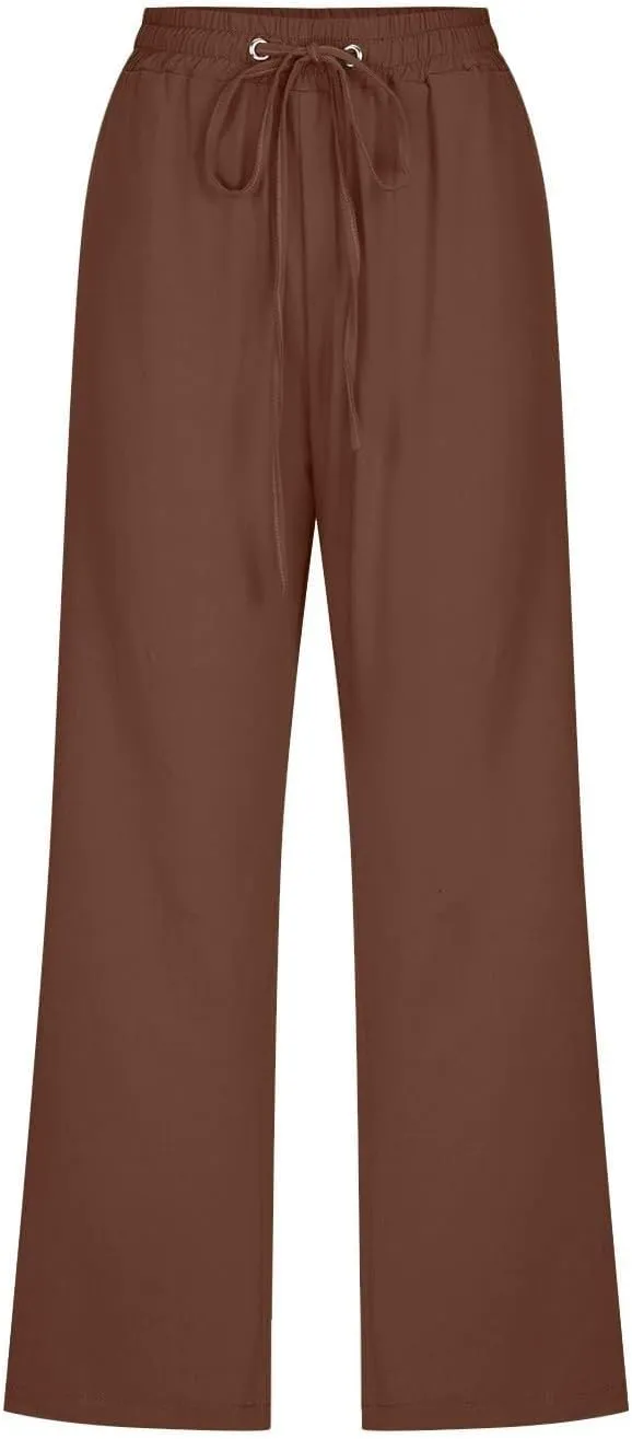 Womens Capris Linen Pants High Waist Drawstring Comfy Casual Pants Lounge Lightweight Loose Trousers with Pockets